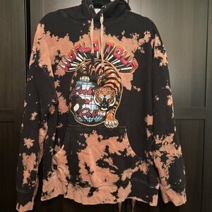 🔥 Rock & Roll World Tour Tiger Hoodie – Black & Tan Bleach-Splash – XL
